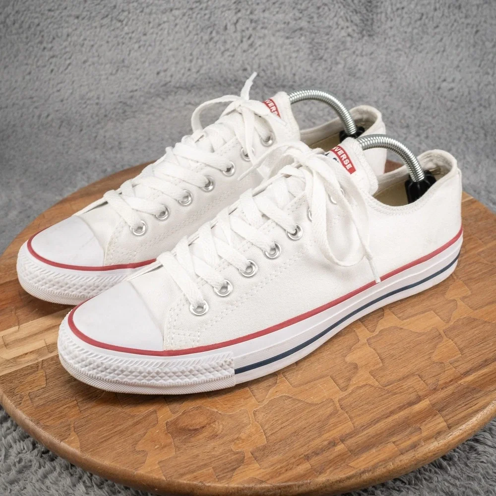 Converse White Low Top Sneakers with Red & Navy Stripes - Picture 3 of 8